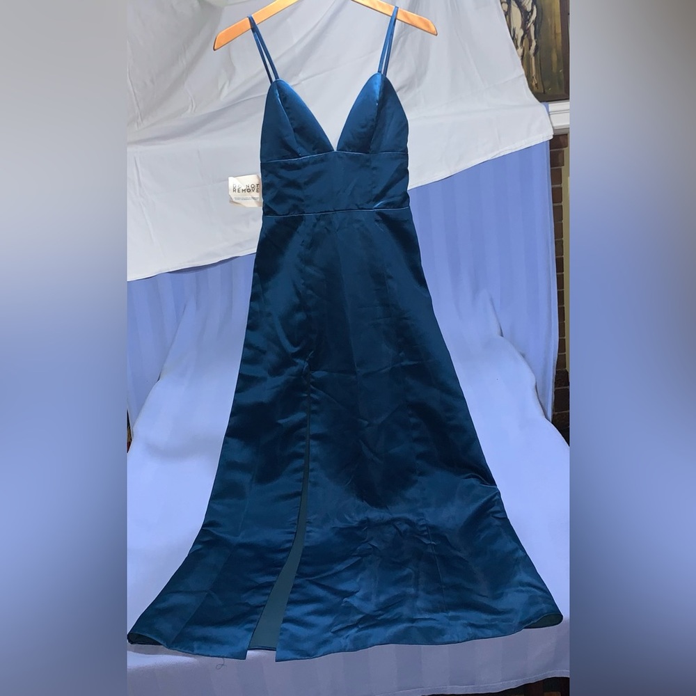 Fame & Partners Deep Teal Satin Maxi Gown with Slit deep V-neck Santina